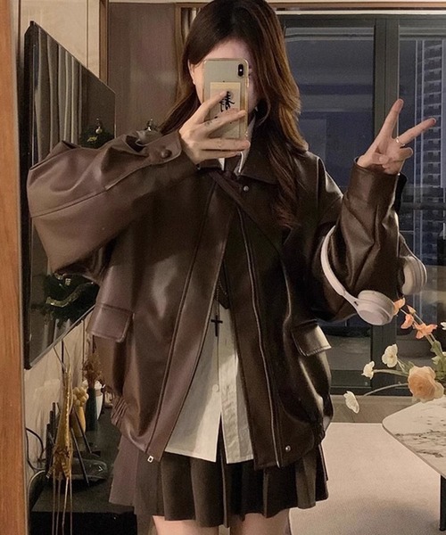 コート アウター PU オーバーサイズ フェイクレザー ジャケット/ ブルゾン 韓国 レディース メンズ | lulufa