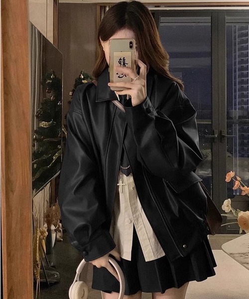 コート アウター PU オーバーサイズ フェイクレザー ジャケット/ ブルゾン 韓国 レディース メンズ | lulufa | 01