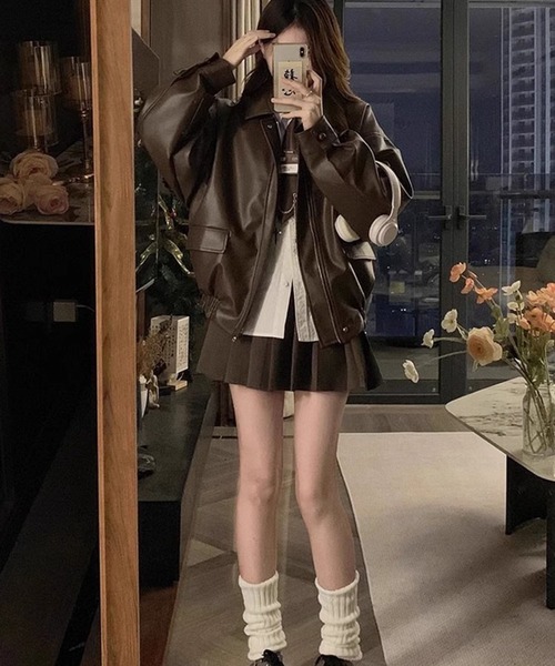 コート アウター PU オーバーサイズ フェイクレザー ジャケット/ ブルゾン 韓国 レディース メンズ | lulufa | 04