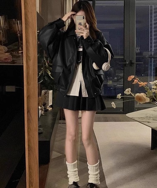 コート アウター PU オーバーサイズ フェイクレザー ジャケット/ ブルゾン 韓国 レディース メンズ | lulufa | 09