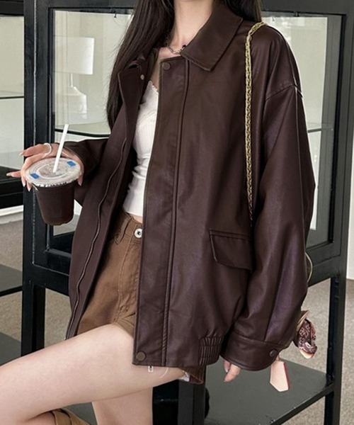 コート アウター PU オーバーサイズ フェイクレザー ジャケット/ ブルゾン 韓国 レディース メンズ | lulufa | 05