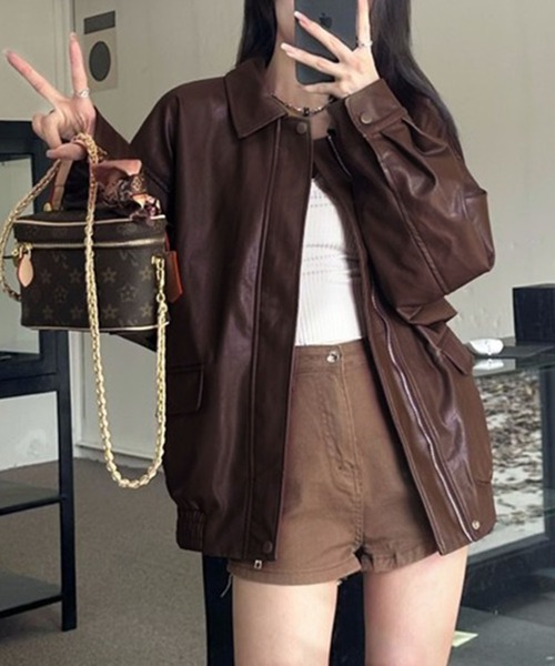 コート アウター PU オーバーサイズ フェイクレザー ジャケット/ ブルゾン 韓国 レディース メンズ | lulufa | 06