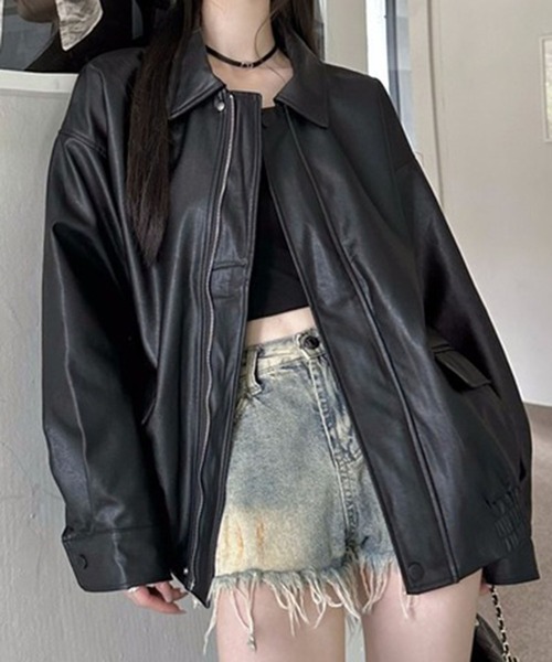 コート アウター PU オーバーサイズ フェイクレザー ジャケット/ ブルゾン 韓国 レディース メンズ | lulufa | 11