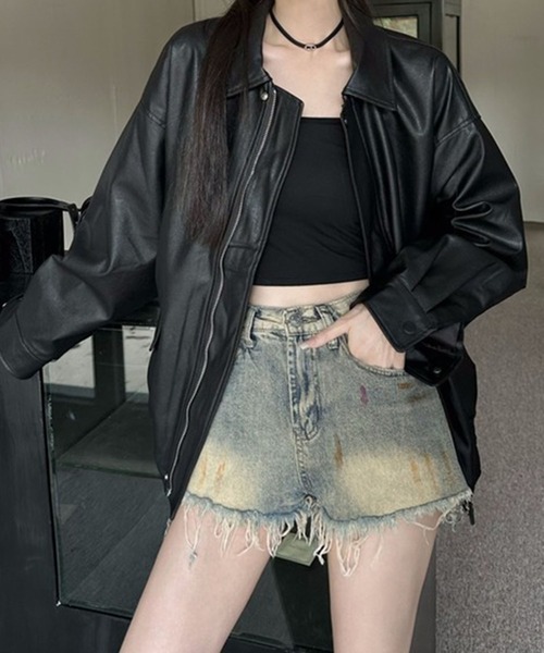 コート アウター PU オーバーサイズ フェイクレザー ジャケット/ ブルゾン 韓国 レディース メンズ | lulufa | 12