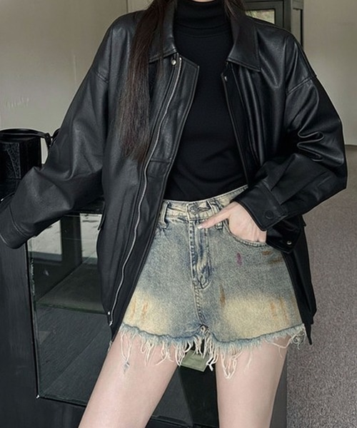 コート アウター PU オーバーサイズ フェイクレザー ジャケット/ ブルゾン 韓国 レディース メンズ | lulufa | 14