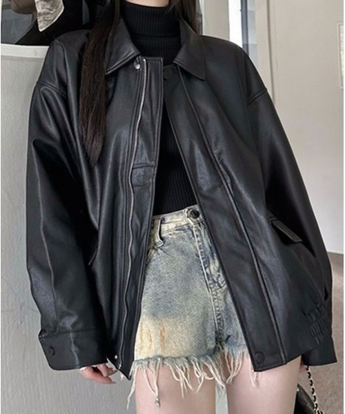 コート アウター PU オーバーサイズ フェイクレザー ジャケット/ ブルゾン 韓国 レディース メンズ | lulufa | 13