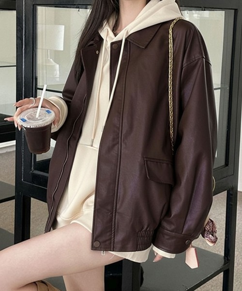 コート アウター PU オーバーサイズ フェイクレザー ジャケット/ ブルゾン 韓国 レディース メンズ | lulufa | 07