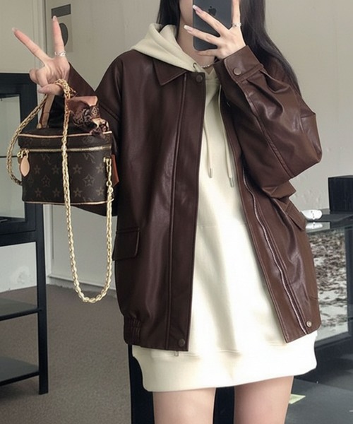 コート アウター PU オーバーサイズ フェイクレザー ジャケット/ ブルゾン 韓国 レディース メンズ | lulufa | 08