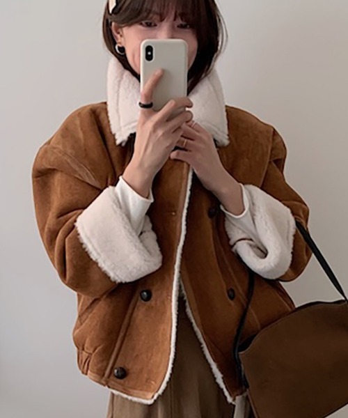 コート アウター ダブルブレストスウェードライクジャケット