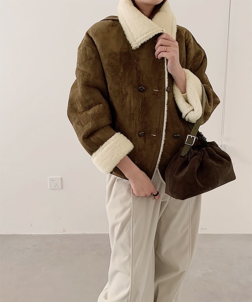 ベージュ スエード・ファーコート ダブルブレスト 羊革 コート アウター ダブルブレストスウェードライクジャケット