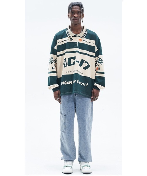 「HARSH AND CRUEL」 長袖ポロシャツ M グリーン メンズ_画像2