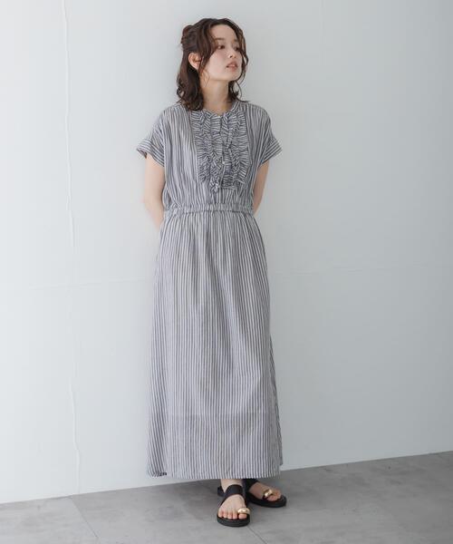 URBAN RESEARCH Sonny Label ワンピース ドビーストライプフリルシャツ