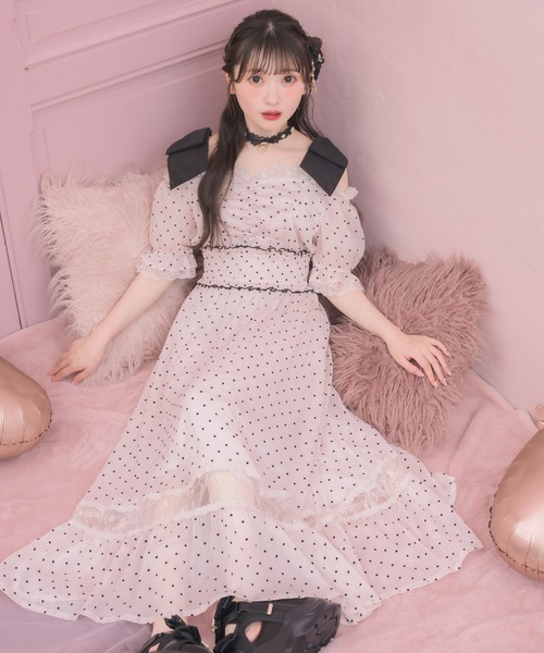 ROJITA（ロジータ） ワンピース 半袖 肩リボンハートドットオフショル