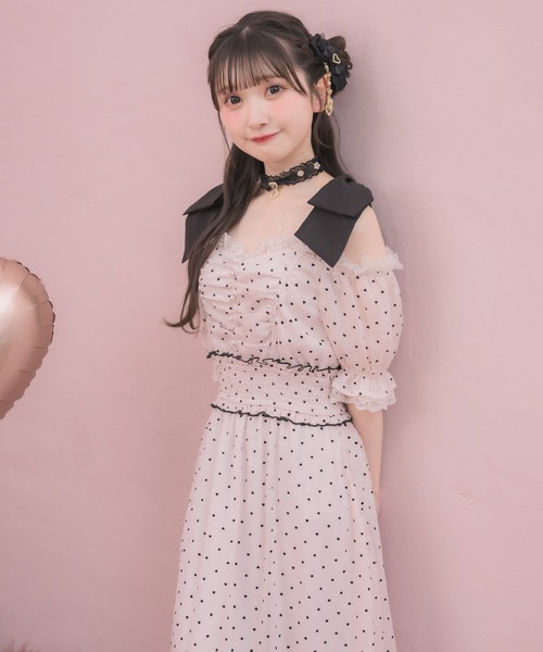 ROJITA（ロジータ） ワンピース 半袖 肩リボンハートドットオフショル