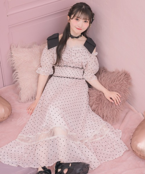 ROJITA（ロジータ） ワンピース 半袖 肩リボンハートドットオフショル 