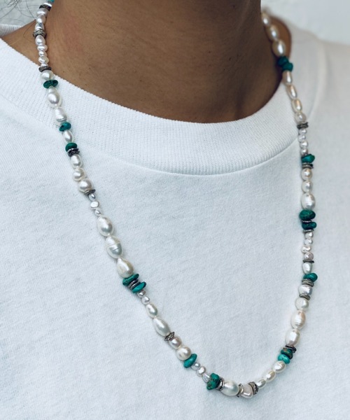 amp japan ネックレス ターコイズ x パール ロングネックレス