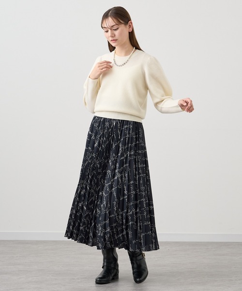 アナイ カリグラフィープリントプリーツスカート ロング 英字柄 36 白 黒