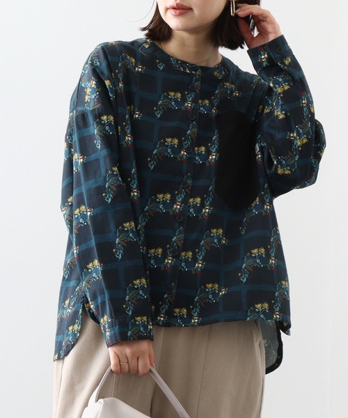 Emago ブラウス シャツ EMAGO ネコ植物総柄プリントボックス