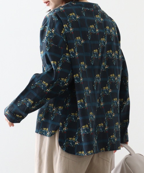 Emago ブラウス シャツ EMAGO ネコ植物総柄プリントボックス