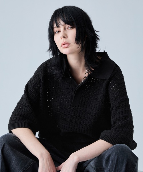 美品UNOF ウノフ　ふじあみ　バンドカラーシャツ ノーカラーシャツ　ブラック ドレープトロミ 比翼バンドカラーシャツ（シャツ/ブラウス）｜Loose