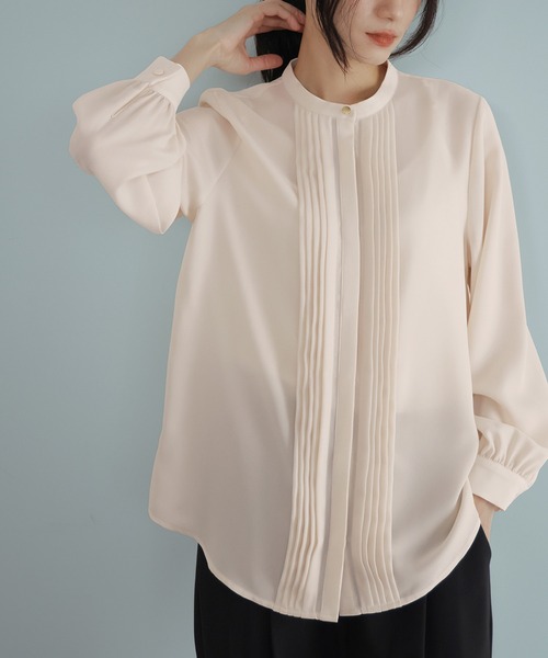 Flolia ブラウス シャツ ピンタックスタンドカラーブラウス