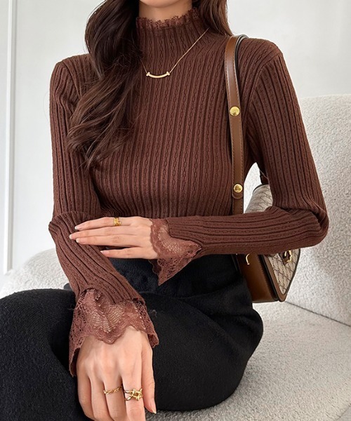 COCOMOMO ニット セーター 「5色展開」 重ね着風ハイネックレース