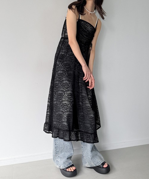 マキシ丈 キャミ ワンピース レイヤード フリルカラー 背中見せ レイヤードレースフリルキャミワンピース(M OFF WHITE