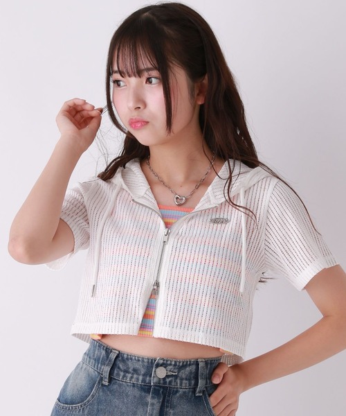 アルベロベロ　新品未使用　　　　　　ピンク メッシュ 半袖 トップス repipi armario（レピピアルマリオ） メッシュWZIPショートトップス