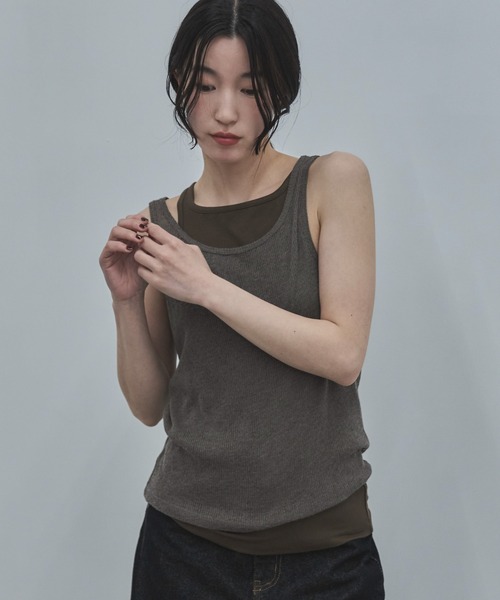 sacai luck レイヤード タンクトップ ネイビー シアー 異素材 美品 feepur（フェピュール） タンクトップ ノースリーブ 異素材レイヤード