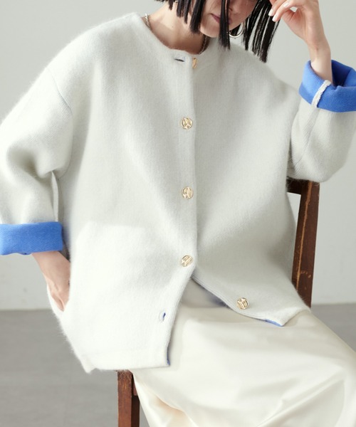 タグ付き　LARUTA ラルータ　FOX混Wフェイスニットコート　金ボタン LARUTA（ラルータ） ノーカラーコート コート 「LARUTA」FOX混W