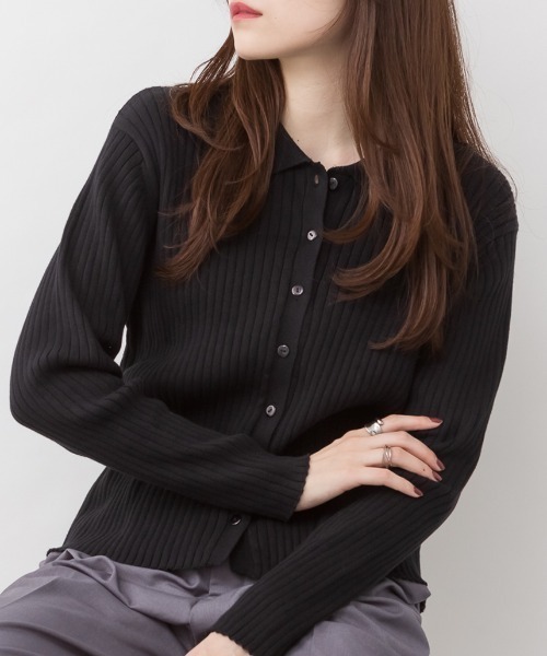 kiyoミースロエ　ランダムリブニットポロカーディガン　ブラック　ZARA MIESROHE（ミースロエ）の「ランダムリブニットポロCD（カーディガン