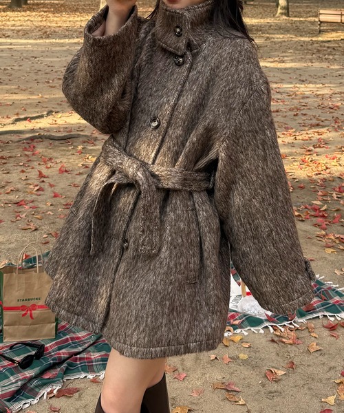 JUNOAH（ジュノア） コート アウター ベルト付きシャギーミドルコート