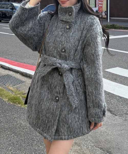 JUNOAH（ジュノア） コート アウター ベルト付きシャギーミドルコート