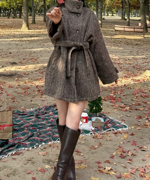 JUNOAH（ジュノア） コート アウター ベルト付きシャギーミドルコート