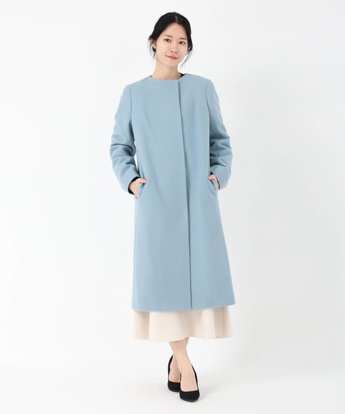 エブール　ジロンラムメルトン　ノーカラーロングガウンコート　ブルー　36 2052283956.jpg?1697336017