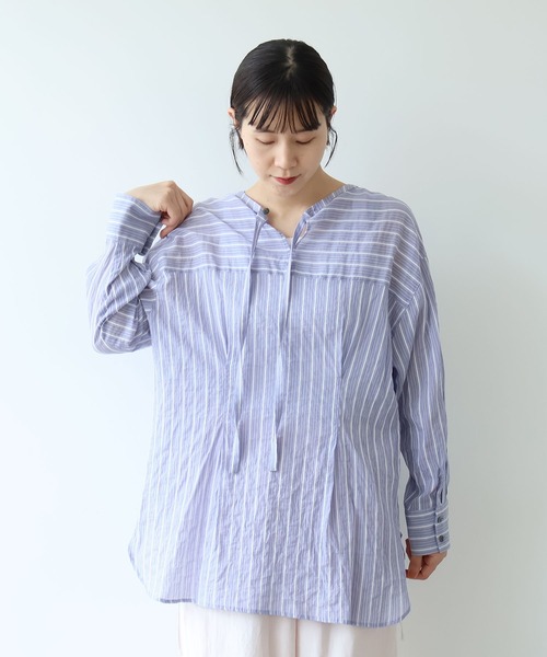 yuni ブラウス シャツ ○キュプラポリエステルコットン stripe 2way 