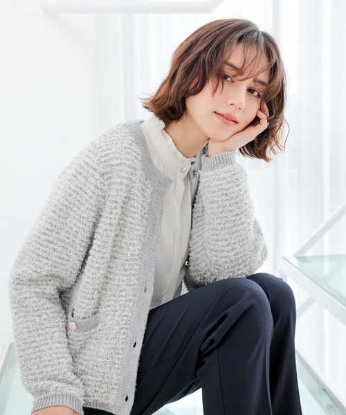 極美品♡theory luxe ツイード調ニットカーディガン　ライトグレー　38 GLACIER lusso（グラシアルッソ） カーディガン ツイード風