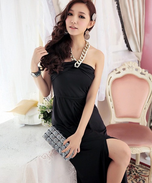 Glossy ホルターチェーンネックドレス OSYAREVO（オシャレボ） ドレス チェーンホルターネック ロング ドレス