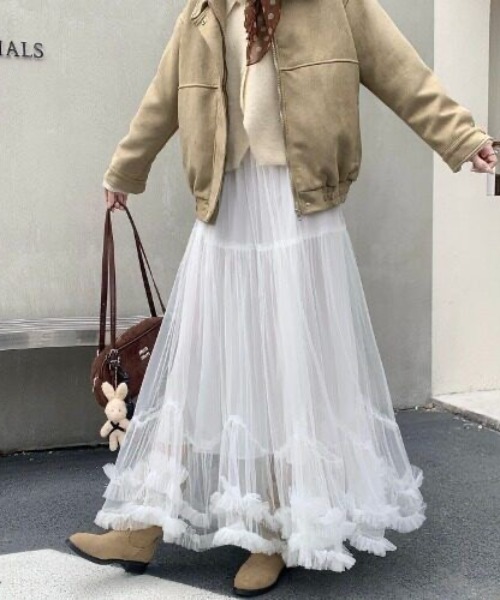 gossip!ロサンゼルス ロング スカート チュール フリルティアードゴム