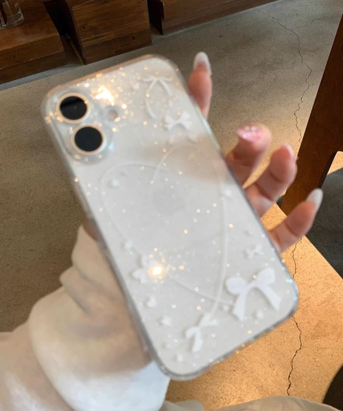 スマホケース ラメ入り クリア ハート リボン iPhone ケース 13/14.15