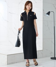 Elishe ワンピース 半袖 ハーフジップジャガードロングワンピース