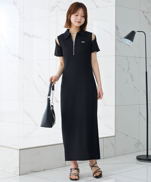Elishe ワンピース 夏 半袖 ハーフジップジャガードロングワンピース