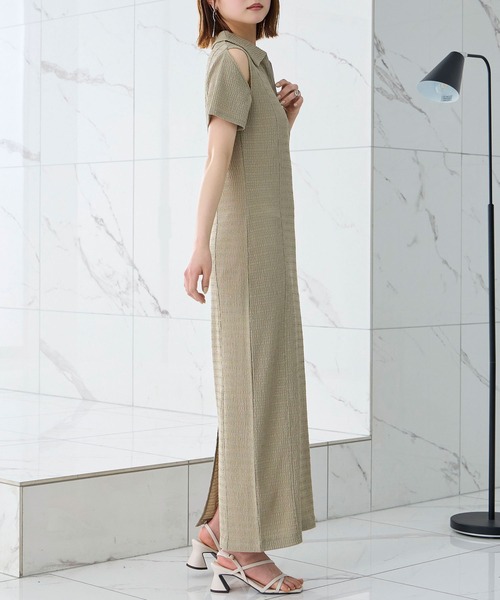 Elishe ワンピース 夏 半袖 ハーフジップジャガードロングワンピース 