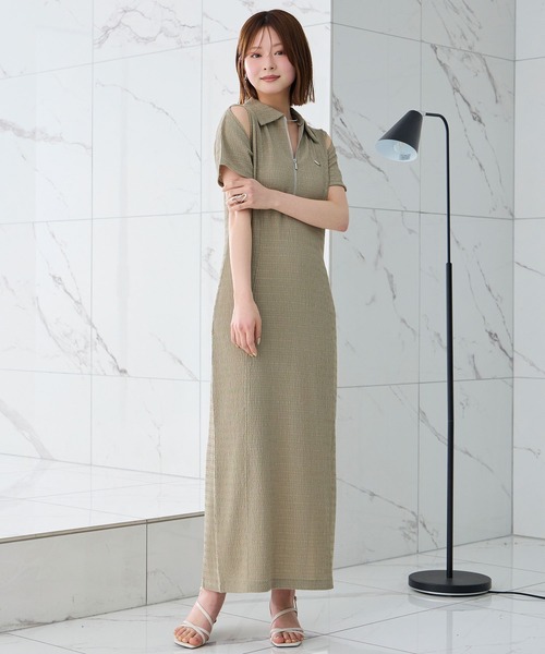 Elishe ワンピース 夏 半袖 ハーフジップジャガードロングワンピース 