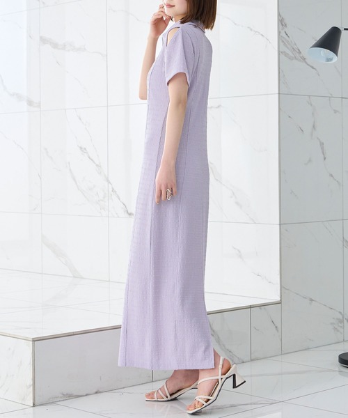 Elishe ワンピース 半袖 ハーフジップジャガードロングワンピース