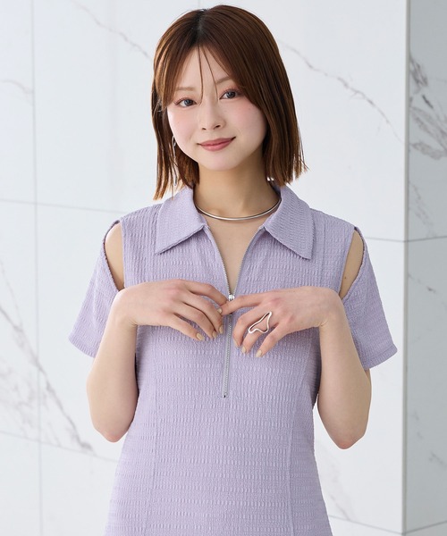 Elishe ワンピース 夏 半袖 ハーフジップジャガードロングワンピース