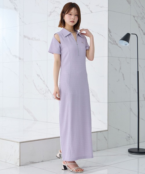 Elishe ワンピース 半袖 ハーフジップジャガードロングワンピース