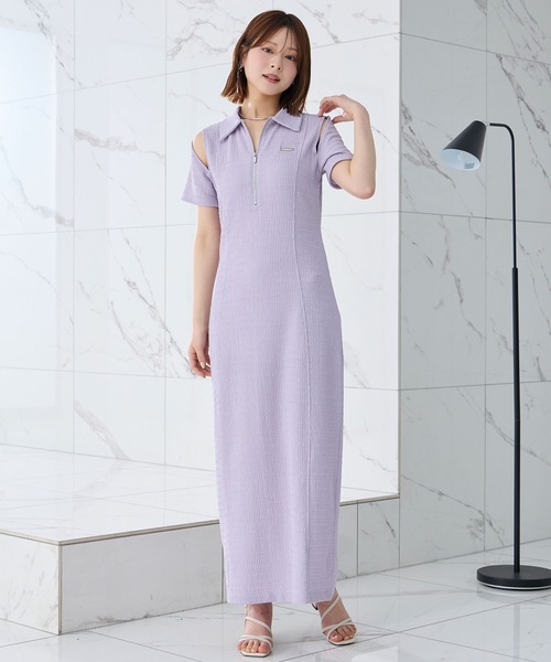 Elishe ワンピース 半袖 ハーフジップジャガードロングワンピース
