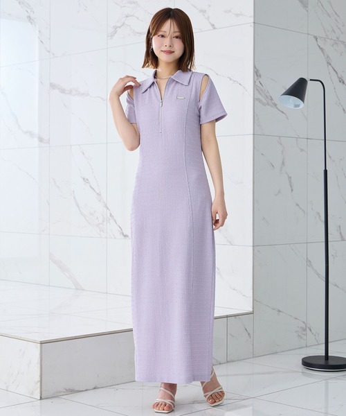 Elishe ワンピース 夏 半袖 ハーフジップジャガードロングワンピース