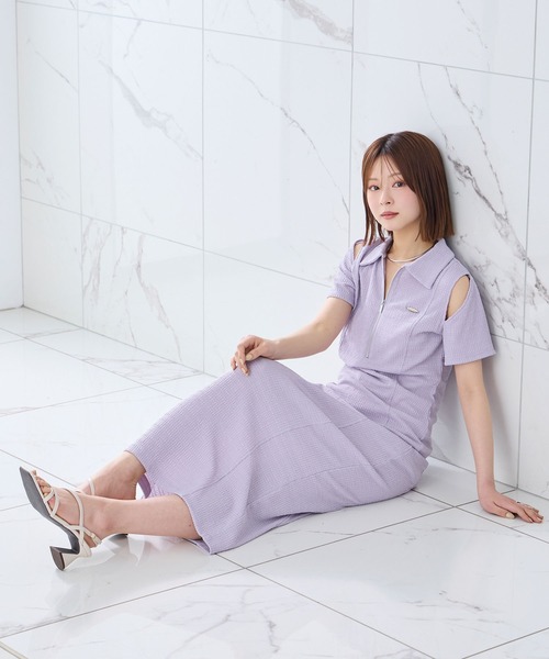 Elishe ワンピース 夏 半袖 ハーフジップジャガードロングワンピース